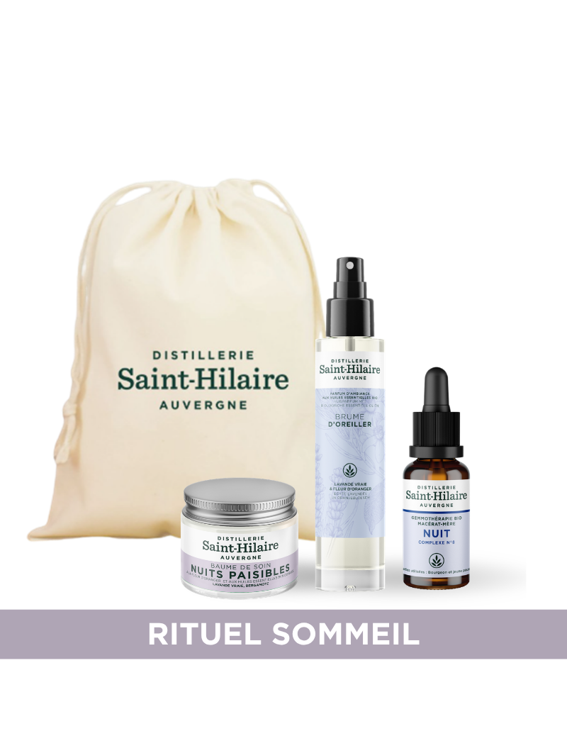 Coffret Nuits Paisibles avec brume d'oreiller, baume relaxant et complexe de bourgeons pour le sommeil